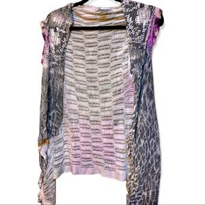 Alberto Makai gray and lilac purple open front long knit print vest size small